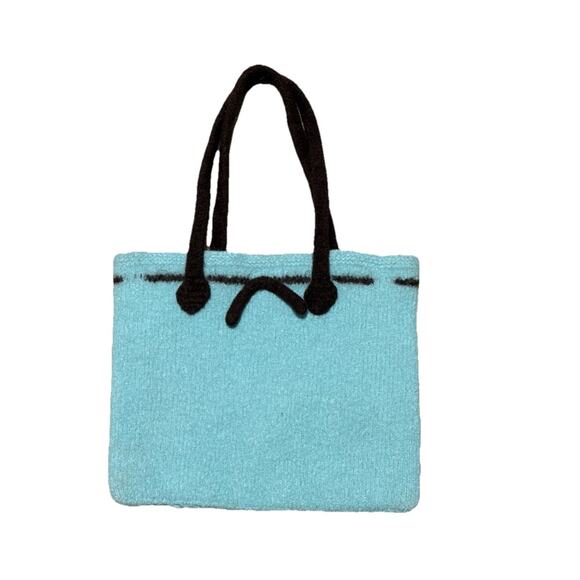 Vintage Robins Egg Blue & Brown Boiled Wool Purse Tote Bag Knit Soft Frowny Face - Picture 1 of 5